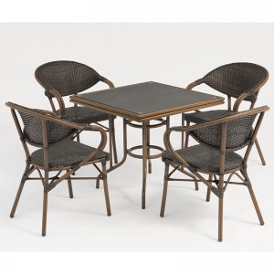 aluminium rotan vierkante tafel meubels set met imitatie bamboe graan en gehard glas
